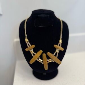 Gold and Brown Wood Statement Necklace Fashion Jewelry Matching Earrings